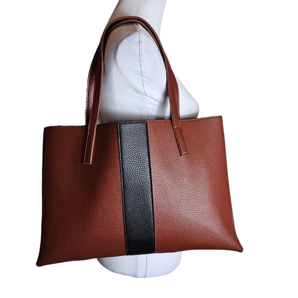 Vince Camuto Luck Brown Black Vegan Faux Leather Tote Bag Pebbled Laptop Career - Picture 3 of 13